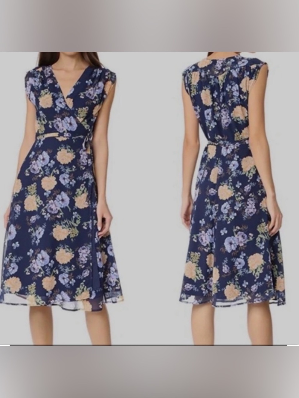 YUMI KIM Dress Sz S Floral Wrap Prince Street Lilac Passion Navy Midi Dress